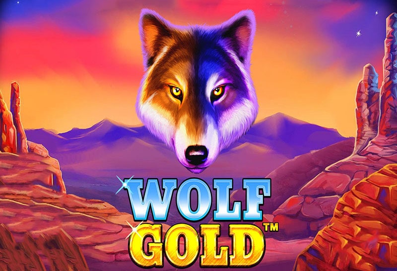 The logo of the popular Wolf Gold slot machine, which can be played for free on games-playbox.com